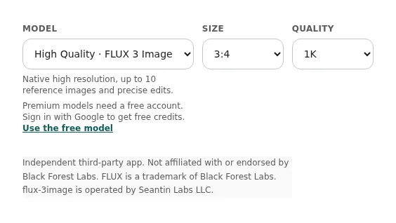 Two flux-3image page excerpts showing FLUX 3 Image selected at 3:4 and 1K, followed by the disclaimer naming Seantin Labs LLC