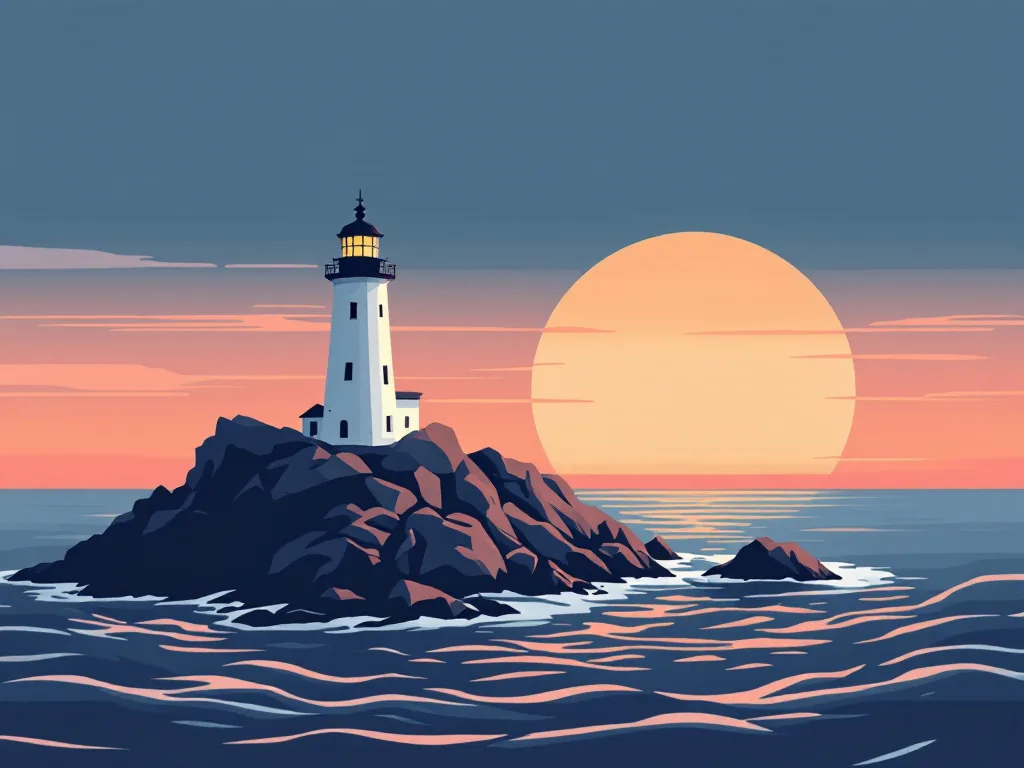 A flat vector-style illustration of a white lighthouse on a dark rocky island at sunset, in navy, coral and cream with a large pale orange sun
