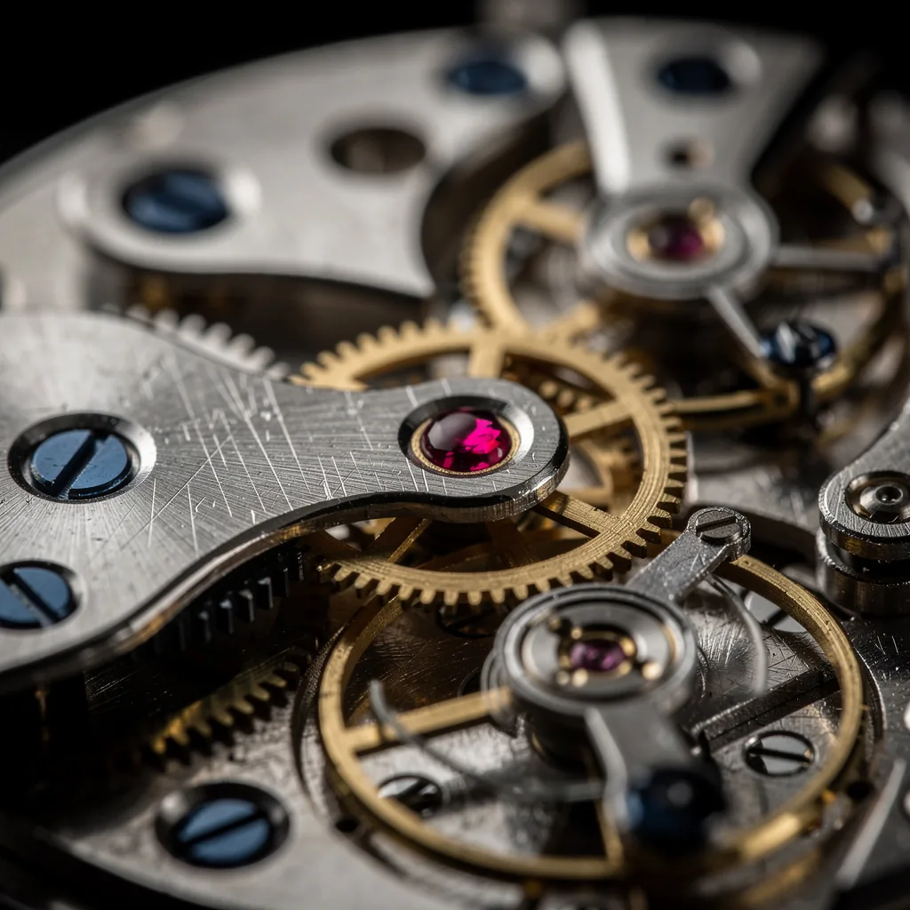 A macro photograph inside a mechanical watch movement with brass gears, blued screws and a red ruby jewel bearing in sharp focus