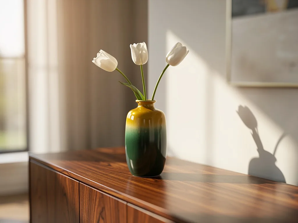 A green-to-yellow gradient ceramic vase holding white tulips on a walnut sideboard, the original image before a FLUX.2 pro edit