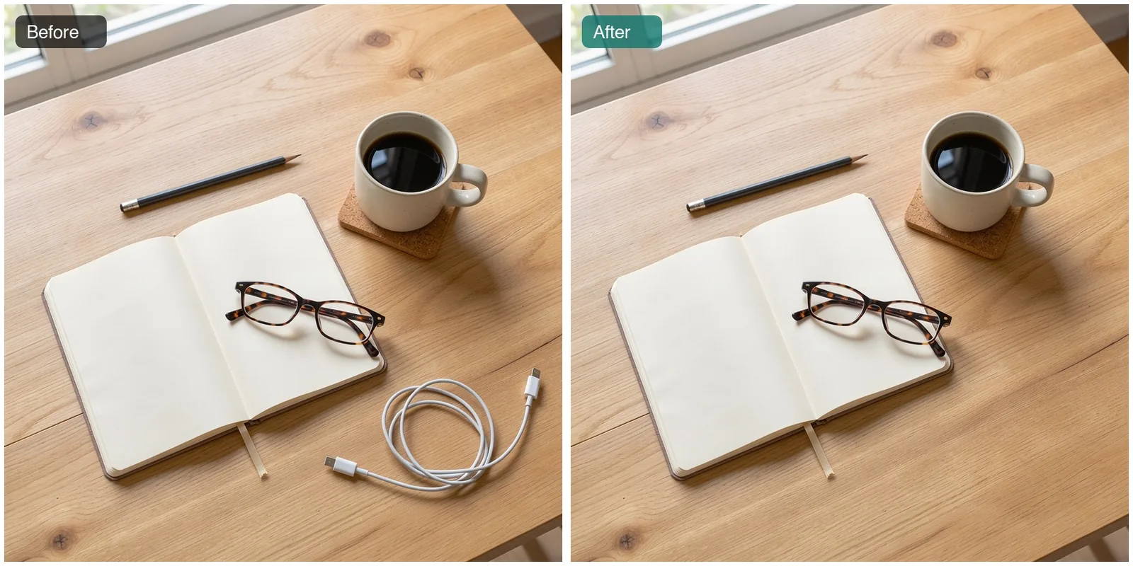Before and after: a top-down oak desk with a notebook, coffee mug, glasses and a tangled white charging cable, then the same desk with the cable removed and the wood grain filled in