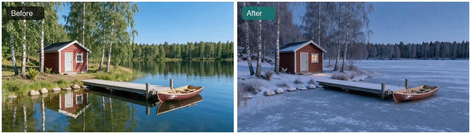 Before and after: a red lakeside cabin with a jetty and rowing boat on a sunny summer day, then the same scene as a snowy winter evening with a frozen lake and a lit cabin window