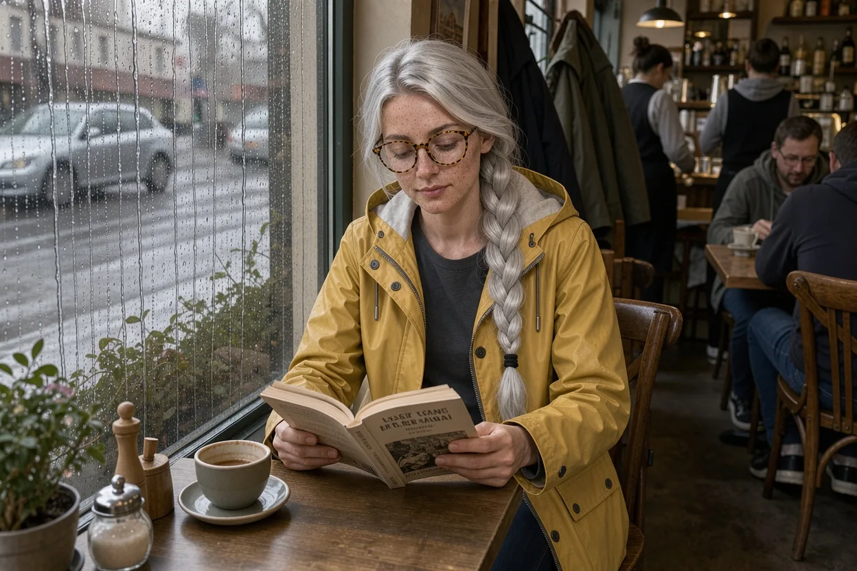 The same silver-braided woman in the yellow raincoat and tortoiseshell glasses reading a paperback at a café window table with rain on the glass
