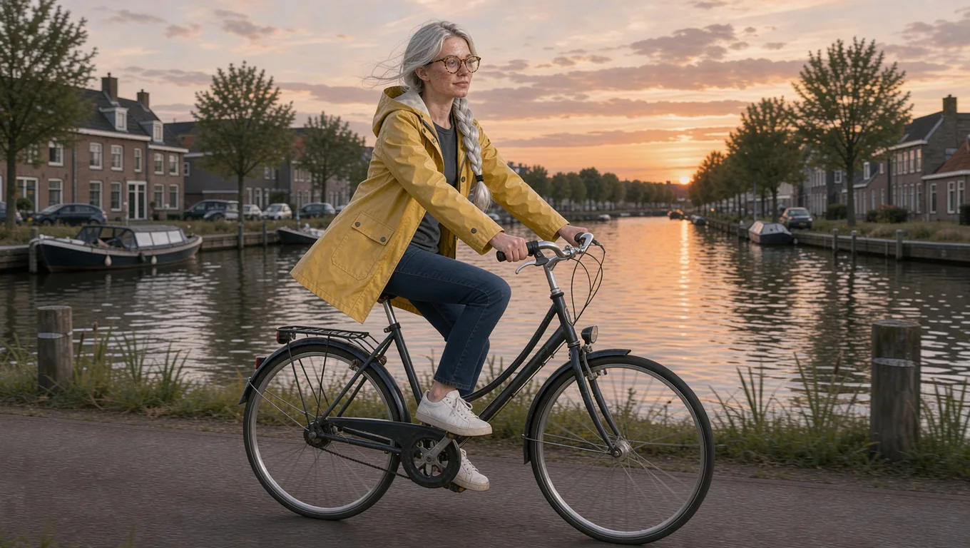 The same character riding a black bicycle along a canal at sunset, side view, yellow raincoat flapping, silver braid and glasses unchanged
