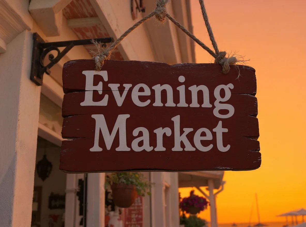 The same wooden sign now reading Evening Market against a warm orange sunset sky, edited with FLUX.1 Kontext max
