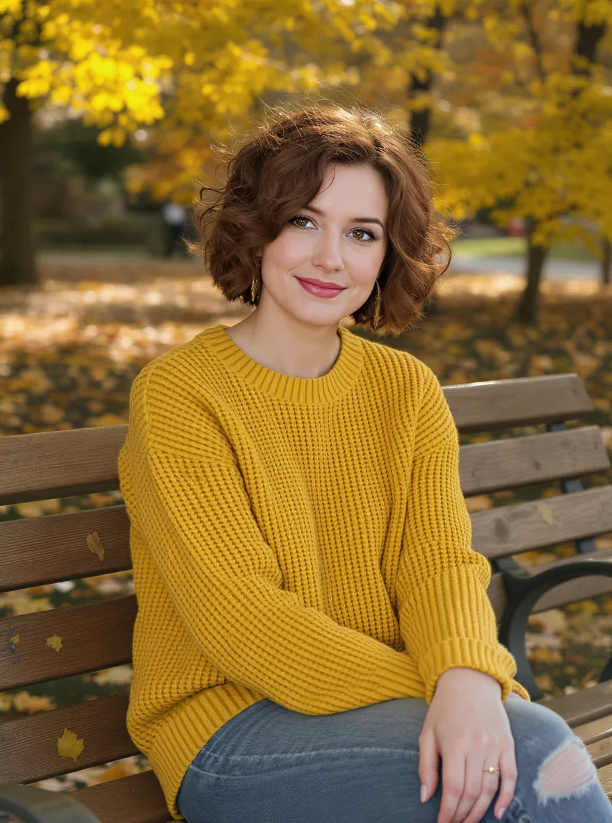 A woman with short curly auburn hair in a mustard knit sweater sitting on a park bench among autumn leaves, the input photo for a FLUX Kontext edit