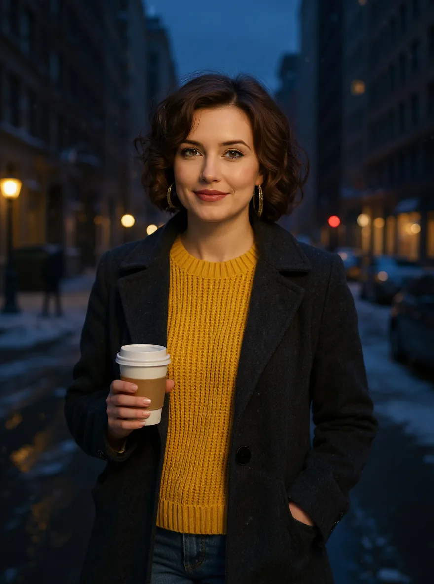 The same woman now standing on a snowy city street at dusk, wearing a dark wool coat over the mustard sweater and holding a coffee cup, edited with FLUX.1 Kontext pro