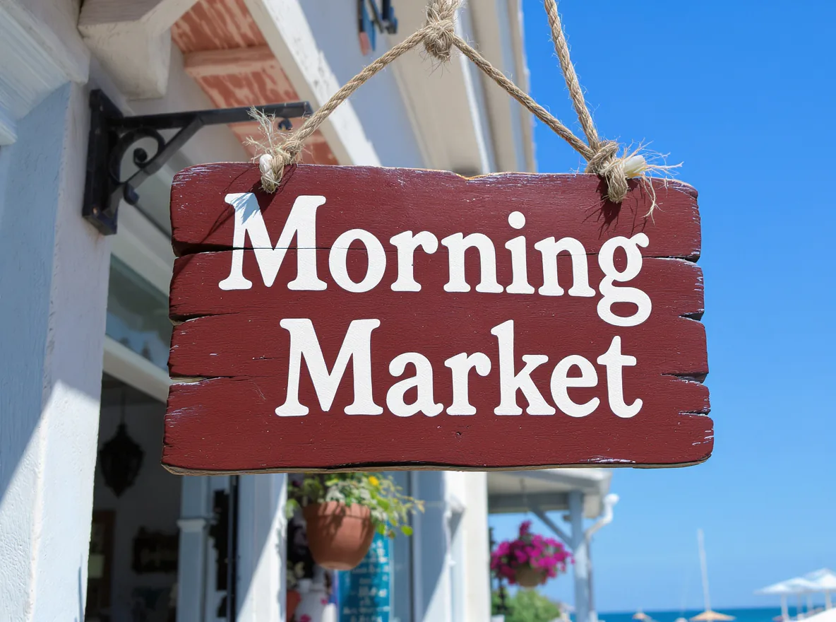 A weathered red wooden sign reading Morning Market hanging from a rope outside a seaside café under a blue sky