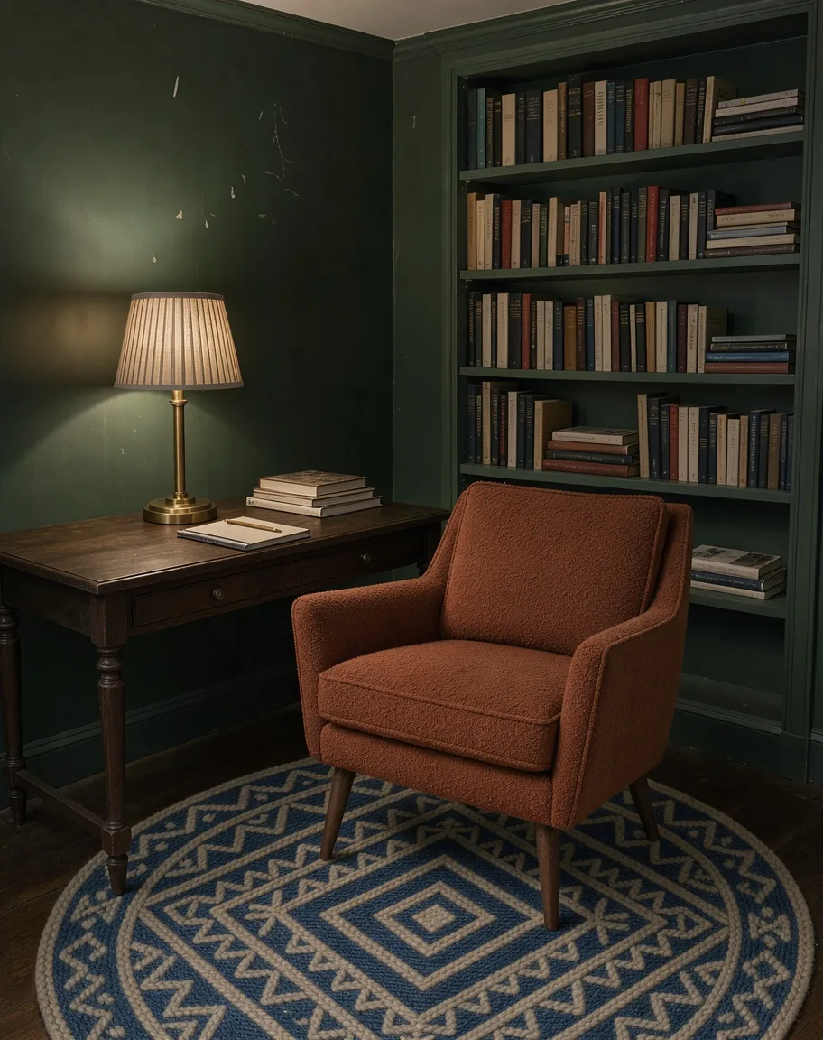 A dark green study at night where the brass lamp glows on a desk, the rust armchair faces a full bookshelf and the geometric rug lies under the armchair