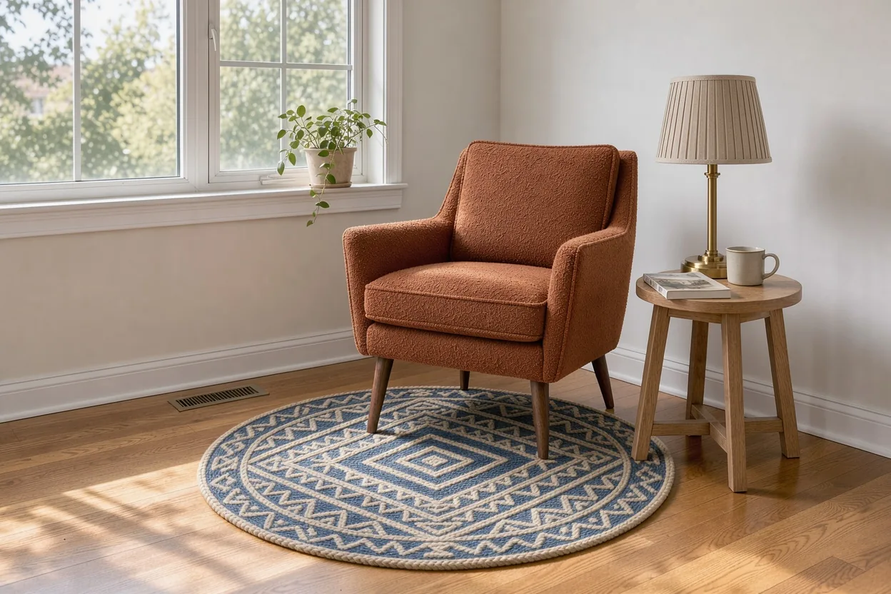 Example made with FLUX 3 Image: an armchair, a lamp and a rug from three photos placed in one reading corner
