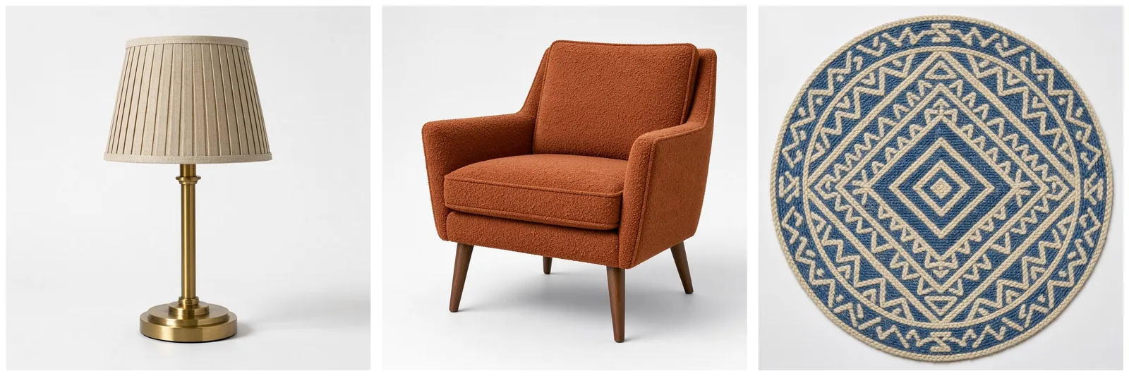 Three product photos side by side on white: a brass table lamp with a pleated linen shade, a rust-orange bouclé armchair with walnut legs, and a round blue and cream geometric wool rug