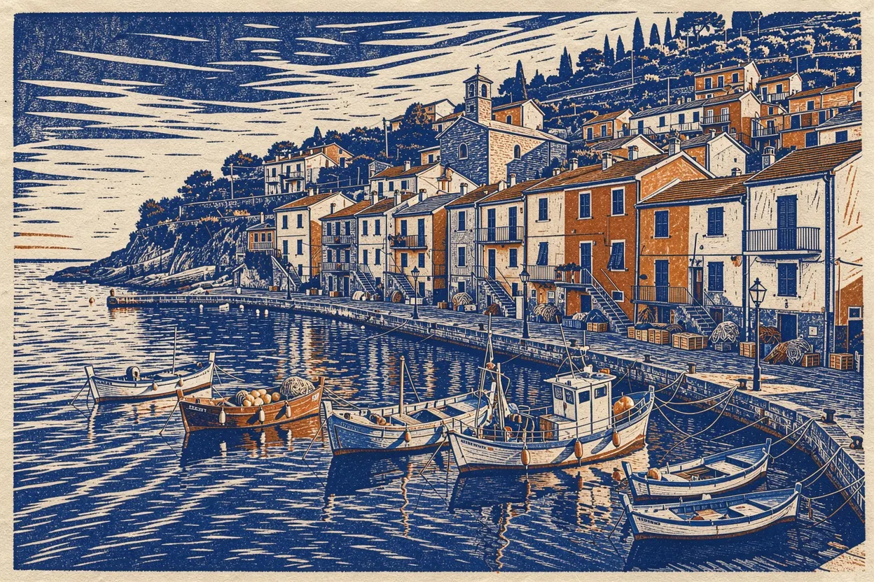 The harbor town rendered as an indigo linocut print with carved lines, orange accents on the rooftops and boats, keeping the original composition
