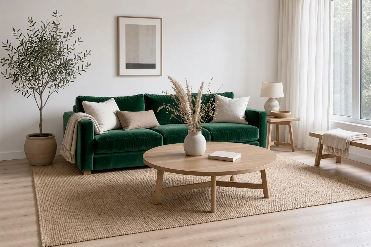 The same living room after a FLUX 3 Image edit, now with a deep emerald green velvet sofa and everything else unchanged