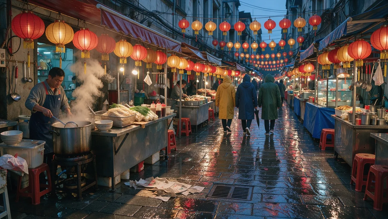 A rainy night food market in a narrow alley with red paper lanterns and steam rising from a noodle stall, generated with FLUX 3 Image