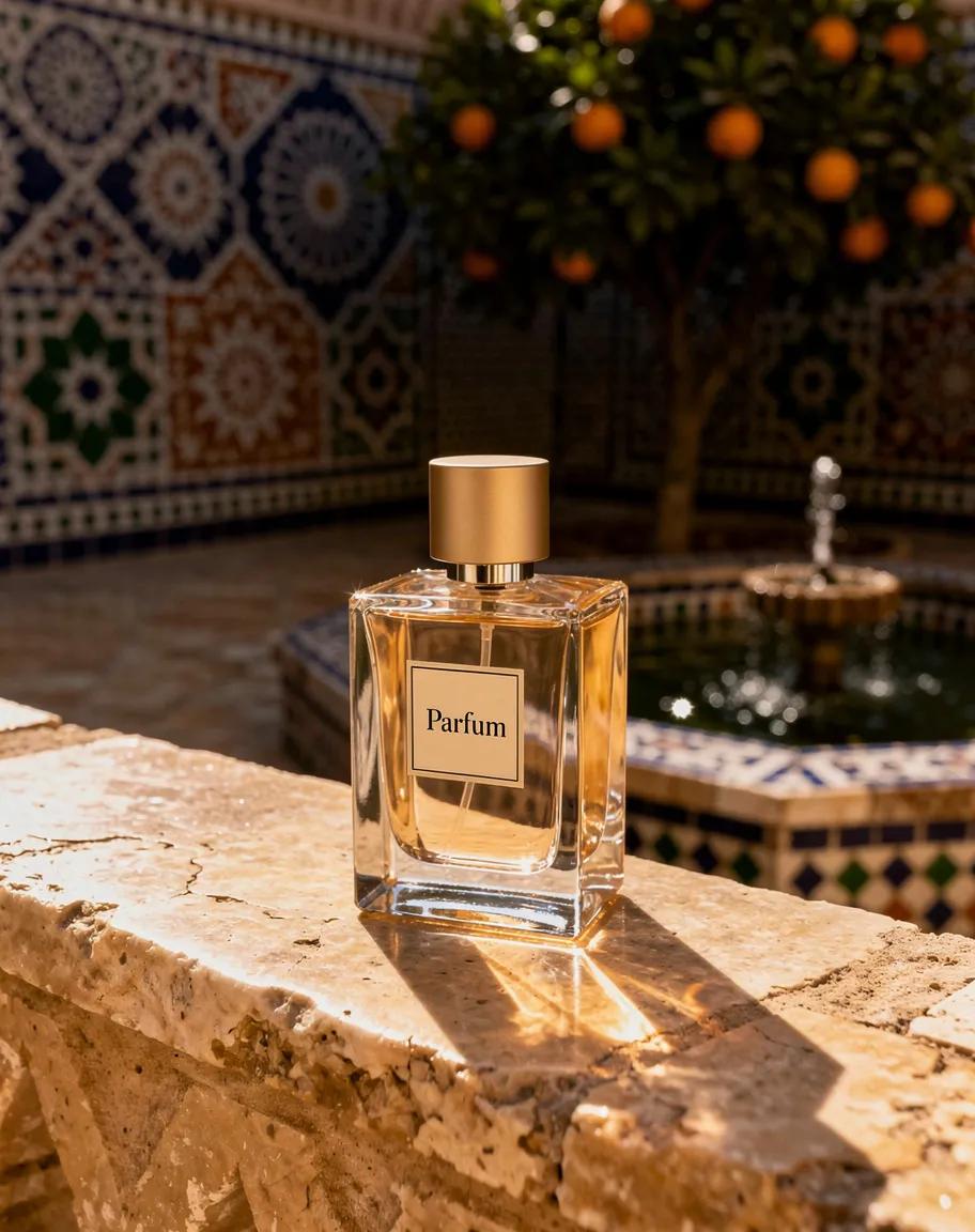 Glass perfume bottle labeled Parfum on a sunlit stone ledge with blurred zellige tiles, orange trees and a fountain, made with FLUX.2 [max]