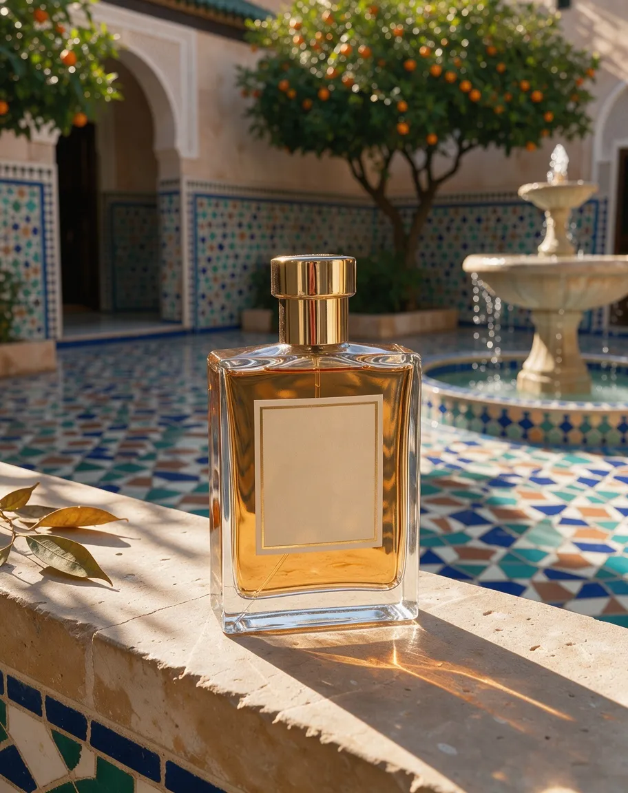 Glass perfume bottle with a gold cap on a sunlit stone ledge, Moroccan tiles, orange trees and a tiered fountain behind, made with FLUX 3 Image