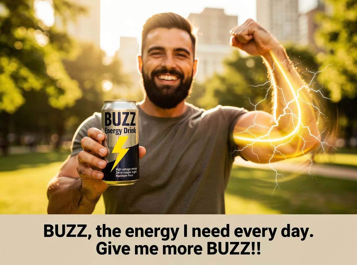 Smiling bearded man holding a silver BUZZ energy drink can, lightning streaks around his flexed arm, slogan text below, made with FLUX.2 [max]