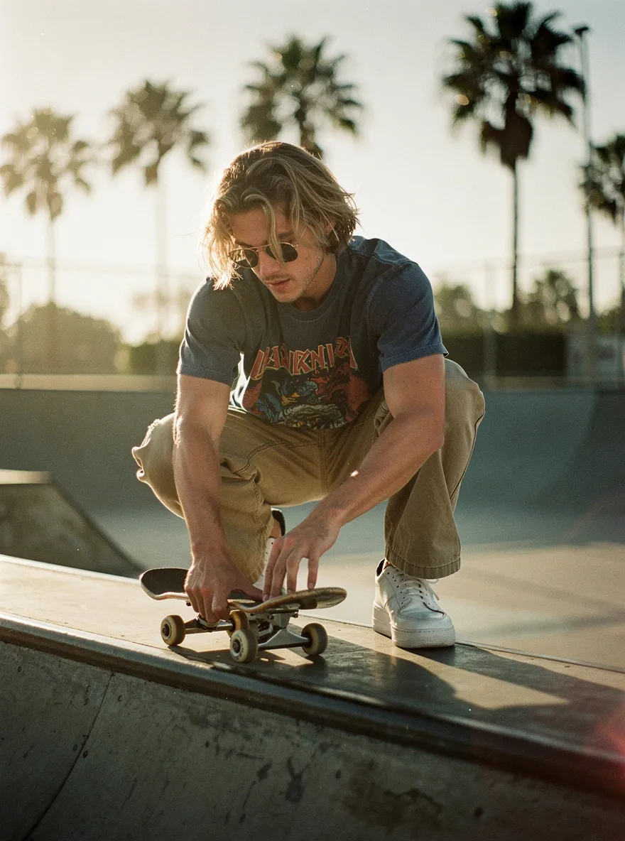 Man in a faded navy graphic tee and khaki work pants crouching over a skateboard on a ramp at golden hour, made with FLUX.2 [max]