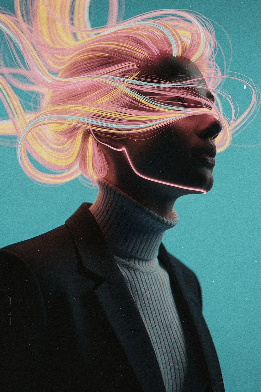 Profile portrait with the face in deep shadow and glowing pink and yellow hair swirling like liquid light on a cyan backdrop, made with FLUX.2 [max]