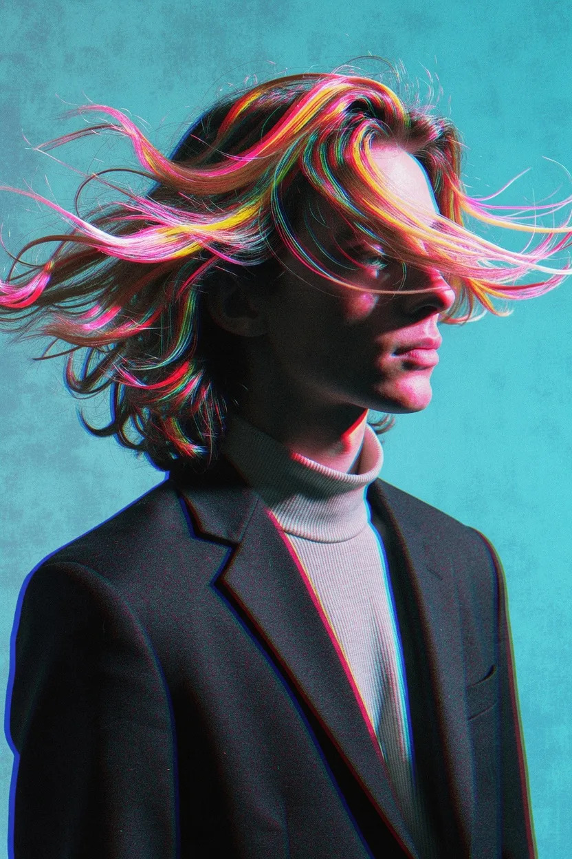 Profile portrait of a person in a dark blazer and turtleneck with long hair streaked neon pink, yellow and cyan on a cyan backdrop, made with FLUX 3 Image