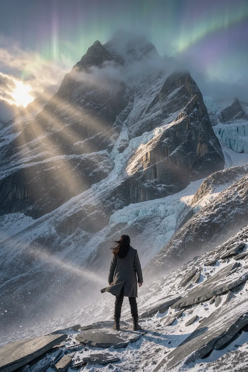 Woman in a long coat on a snowy slope facing a jagged peak with sun rays and aurora, made with FLUX 3 Image