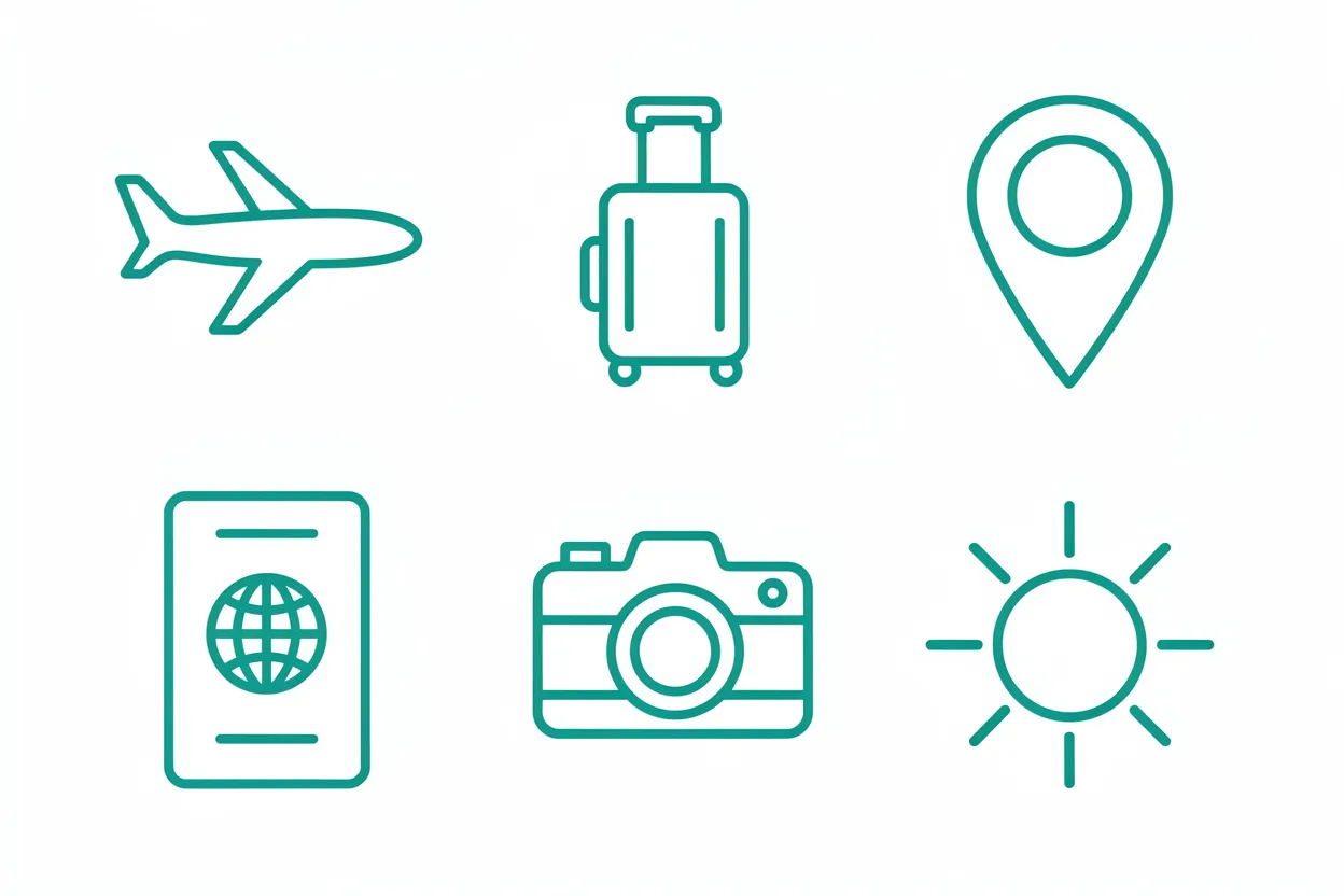 Six teal thin-line icons in a 3 by 2 grid: airplane, suitcase, map pin, passport, camera and sun, made with FLUX.2 [max]