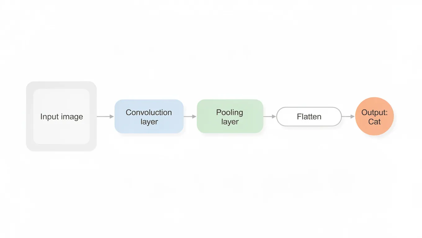 Flow diagram with boxes labeled Input image, Convoluction layer, Pooling layer, Flatten and Output: Cat, made with FLUX.2 [max]